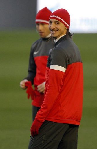 PSG forward Zlatan Ibrahimovic during training, on February 11, 2013, on the eve of the Champions League game at Valencia
